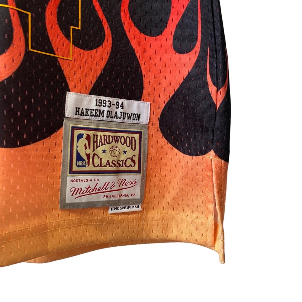 NWOT Mitchell & Ness Houston Rockets Olajuwon 34 Flame Fire Jersey Mens Small - Picture 2 of 6